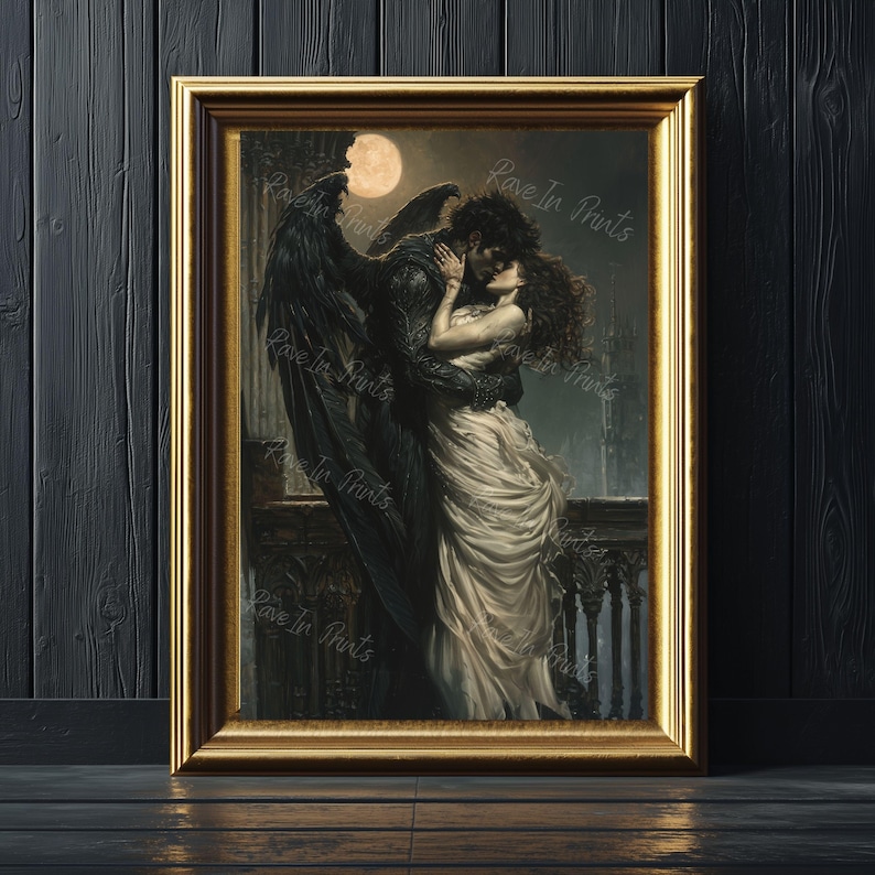 May include: A painting of a couple embracing under a full moon. The man is wearing a dark suit and has wings, while the woman is wearing a white dress. The painting is set against a dark background with a stone wall and railing.