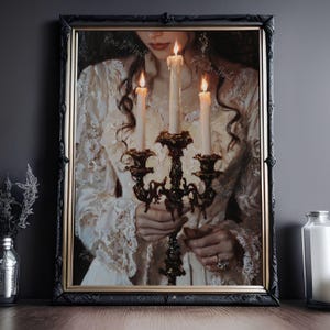 May include: A woman in a white lace dress holds a candelabra with three lit candles. The candles are dripping wax and the candelabra is ornate and detailed.