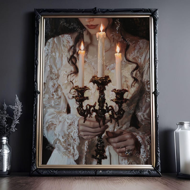May include: A woman in a white lace dress holds a candelabra with three lit candles. The candles are dripping wax and the candelabra is ornate and detailed.