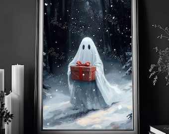 Ghost With Christmas Present, Creepmas Print, Art Poster Print, Dark Academia, Haunting Ghost, Christmas Print, Eclectic Art