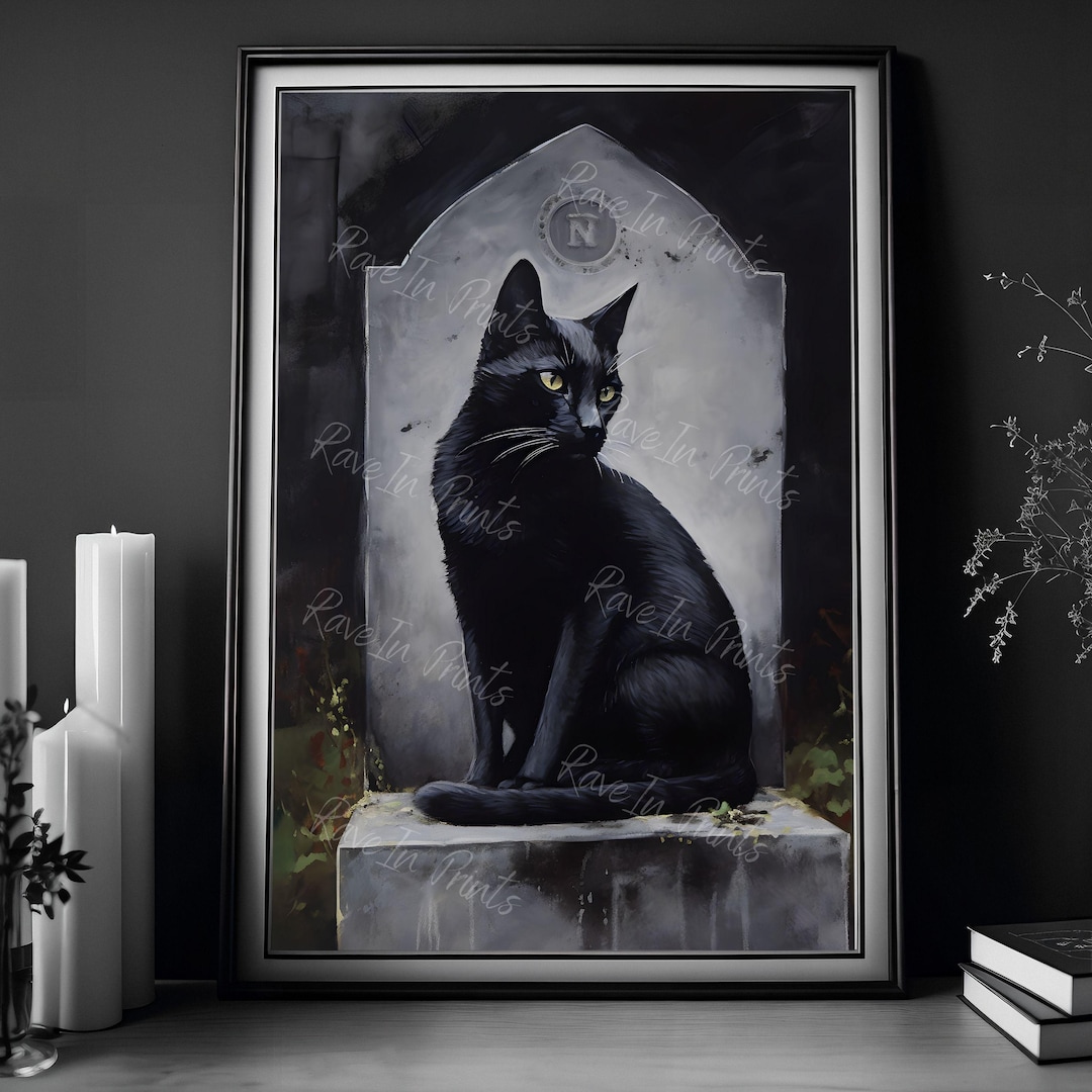 Gothic Decor Wall Art Print, Black Cat on A Headstone, Dark Academia ...