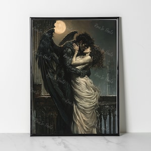May include: A romantic painting of a couple embracing. The man is a dark-winged creature with a human-like face, and the woman is dressed in a flowing white gown. The background is a dark, shadowy cityscape.