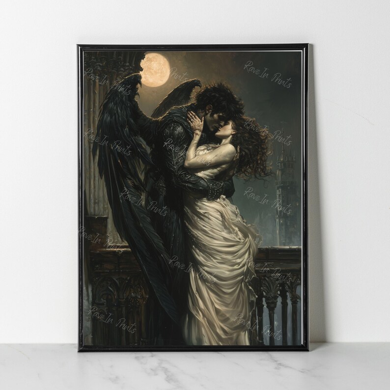 May include: A romantic painting of a couple embracing. The man is a dark-winged creature with a human-like face, and the woman is dressed in a flowing white gown. The background is a dark, shadowy cityscape.