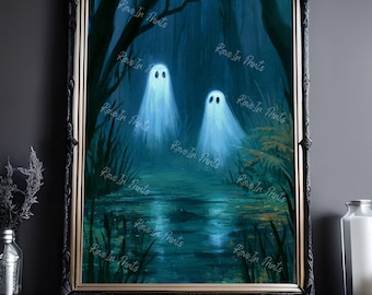 Two Ghosts In The Swamp, Ghost Painting Print, Dark Art Decor, Spooky Forest, Dark Academia, Haunting Ghost, Halloween Decor