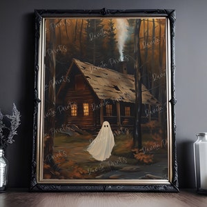 Ghost At The Cabin, Halloween Decor, Art Poster Print, Dark Academia, Haunting Ghost, Haunted House, Edgy Art