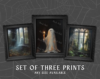 3 Halloween Print Bundle, Ghost Holding A Candle, Vintage Poster, Art Poster Print, Dark Academia, Haunting Ghost, Halloween Decor