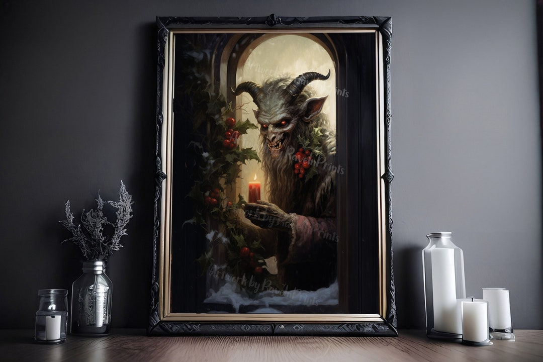 Krampus in the Window, Christmas Print, Art Poster Print, Dark Academia ...
