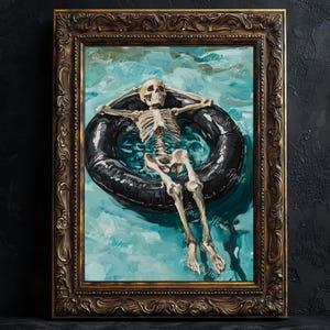 May include: A painting of a skeleton floating in a blue pool on a black inner tube. The skeleton is wearing a relaxed pose with its arms outstretched and legs crossed. The painting is framed in a gold ornate frame.