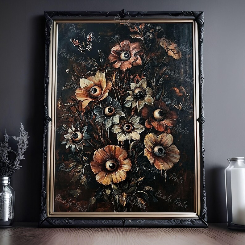 Image is of a gothic ornate frame surrounded by candles. In the frame is a surreal painting of a bouquet of flowers with eye balls. The painting is dark and moody. For gothic home decor and Halloween wall art