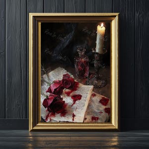 May include: A framed painting of a still life with a lit candle, a glass bottle, and red roses on a page of a book. The roses are bleeding onto the page.