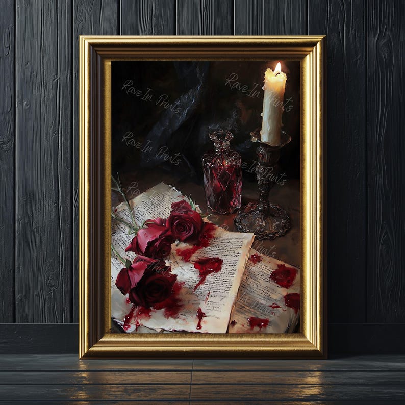 May include: A framed painting of a still life with a lit candle, a glass bottle, and red roses on a page of a book. The roses are bleeding onto the page.