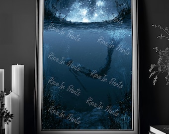 Skeleton Mermaid In The Water, Spooky Gothic Home Decor, Eclectic Edgy Art, Horror Prints, Siren Painting