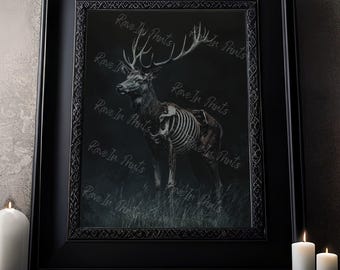 Deer In The Woods Painting, Dark Cottagecore, Creepy Wall Art, Gothic Wall Art, Dark Academia, Dark Home Decor
