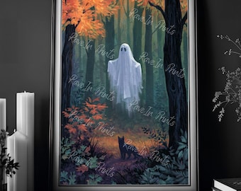 Ghost In Fall Forest With Black Cat, Halloween Print Decor, Fall Home Decor, Haunting Ghost Painting, Gothic Home Decor