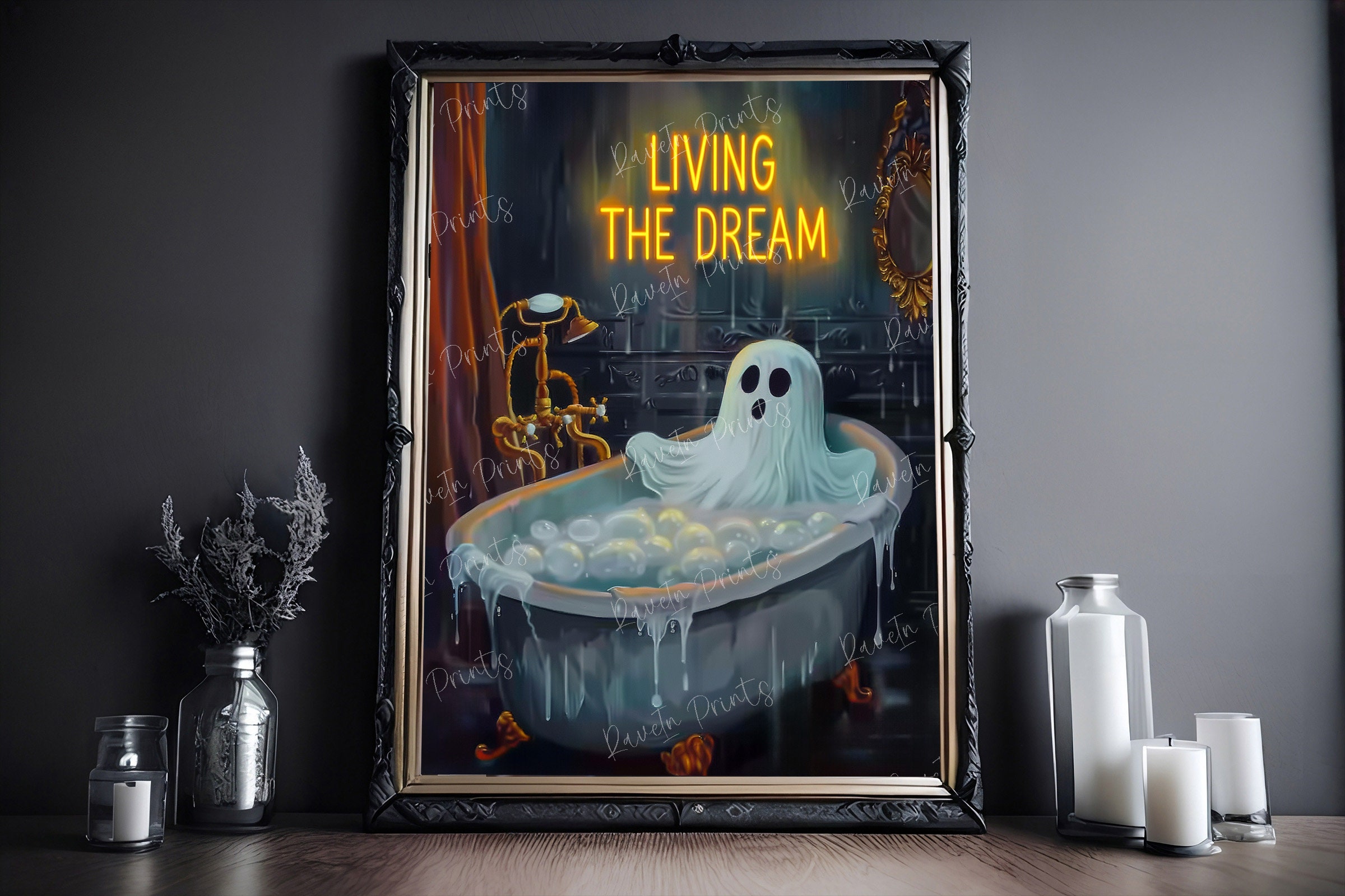 Living The Dream Ghost In The Bath Tub, Halloween Decor, Bubble Bath Ghost, Vintage Poster, Bathroom Decor, Gothic Home Decor