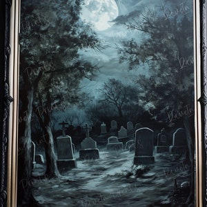 May include: A painting of a graveyard at night with a full moon in the sky. The trees are bare and the ground is covered in fog. There are many tombstones in the graveyard, some of which are decorated with crosses.