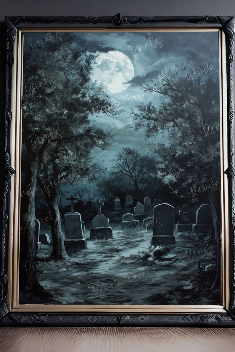 May include: A painting of a graveyard at night with a full moon in the sky. The trees are bare and the ground is covered in fog. There are many tombstones in the graveyard, some of which are decorated with crosses.
