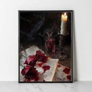 May include: A still life painting of a lit candle, a glass bottle, and red roses on an open book with blood splatters. The candle is in a silver candlestick and the bottle is filled with a red liquid. The roses are wilted and the book is old and worn.