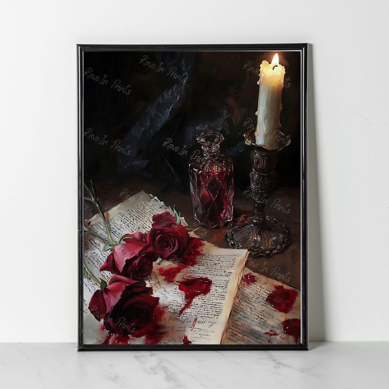 May include: A still life painting of a lit candle, a glass bottle, and red roses on an open book with blood splatters. The candle is in a silver candlestick and the bottle is filled with a red liquid. The roses are wilted and the book is old and worn.