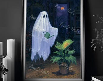 Ghost Watering His Venus Fly Trap, Funny Ghost Painting Print, Botanical Print, Halloween Decor, Haunting Ghost Painting, Gothic Home Decor