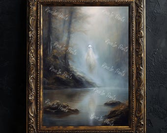 May include: A framed artwork depicts a spectral figure in a misty forest scene. The artwork features a serene lake reflecting the ghostly form and surrounding landscape. The frame is ornate with a gold finish. The text "Rave In Prints" is repeated across the image.