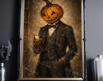 Jack and His Pocket Watch, Jack O Lantern Print, Eclectic Decor, Reading Lover Gift, Dark Academia, Halloween Print Decor