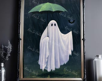 Ghost In The Rain With A Bat, Cute and Funny Ghost Painting, Halloween Decor, Haunting Ghost Painting, Gothic Home Decor