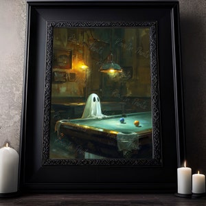 Ghost Playing Pool, Ghost Painting, Vintage Poster, Art Poster Print, Dark Academia, Haunting Ghost, Halloween Decor, Spooky Decor