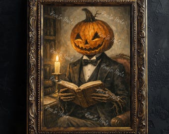 Jack Reading A Book, Jack O Lantern Print, Eclectic Decor, Reading Lover Gift, Dark Academia, Halloween Print Decor