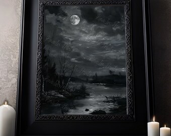 May include: A black and white painting of a moonlit lake scene with trees and a full moon in the sky. The painting is framed in a black frame.