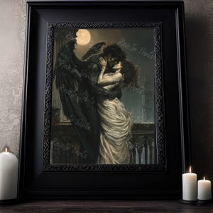 May include: A painting of a couple embracing under a full moon. The man is wearing a dark suit and has wings, while the woman is wearing a white dress. The background is a dark cityscape.