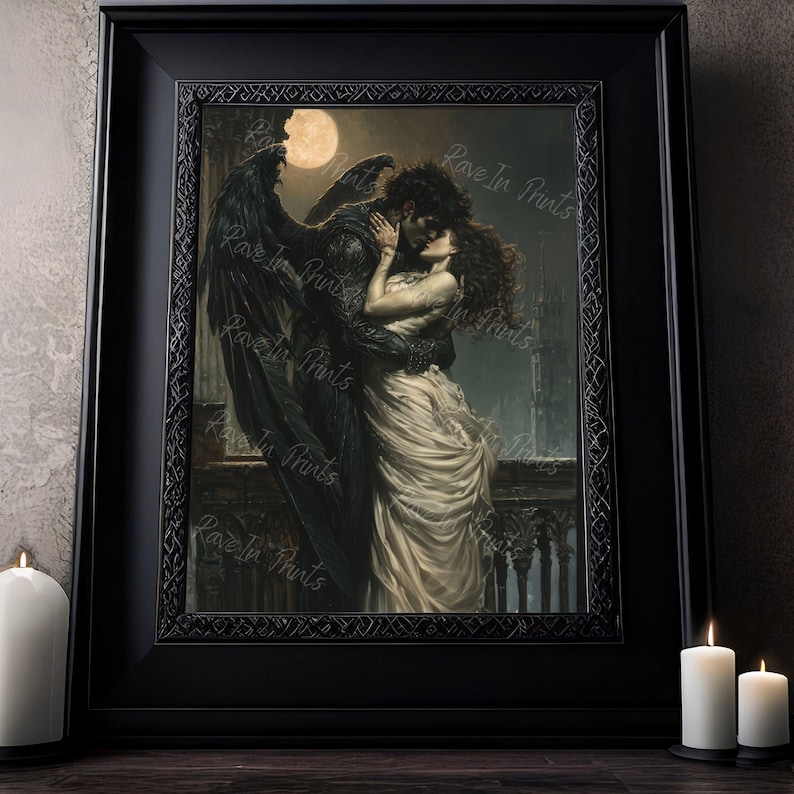 May include: A painting of a couple embracing under a full moon. The man is wearing a dark suit and has wings, while the woman is wearing a white dress. The background is a dark cityscape.