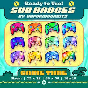 Puede incluir: Gráfico digital con insignias de subscripción de mandos de juego coloridos. El texto "Ready to Use! SUB BADGES" está en la parte superior, con "GAME TIME" en la parte inferior. La imagen incluye tamaños: 72 x 72, 36 x 36 y 18 x 18.
