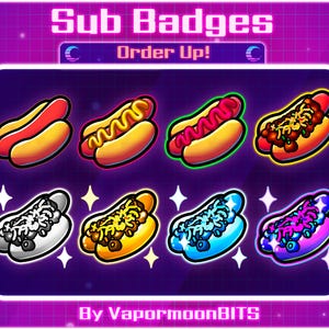 Appetizing Hotdog Sub Badges for Twitch, Discord, and Streaming • Bit Badges | Food | Twitch Emotes | Roles