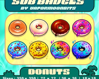 Insignias de suscriptor de Sweet Doughnut para Twitch, Discord y streaming • Roles de suscriptor / Emotes / Insignias de bits / Donut