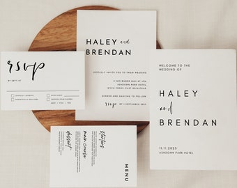 Minimalist Wedding Invitation Suite | 6 pcs | B&W | Olive | Editable Invitation | Program | Menu | Details | Wedding Poster | RSVP Card