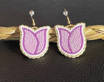 Small Purple Beaded Tulip Earrings