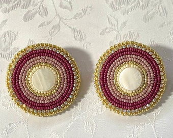 Mauve Beaded Earrings with Mother of Pearl, Round Earrings, Gold Rhinestones, Post Earrings