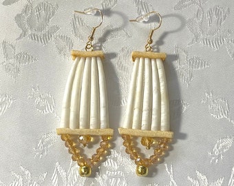 Dentalium Earrings, Gold Earring hooks, Mother of Pearl, Topaz Rondelle Beads