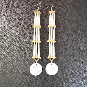 Dentalium Earrings, 3 tier, Mother of Pearl, Gold Hooks