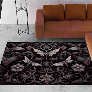 Gothic Luna Moth Rug, Cybersigilism Rug, Dark Cottagecore Decor, Dark Academia Rug, Celestial Witch Dark Moth Carpet, Living Room Fairycore
