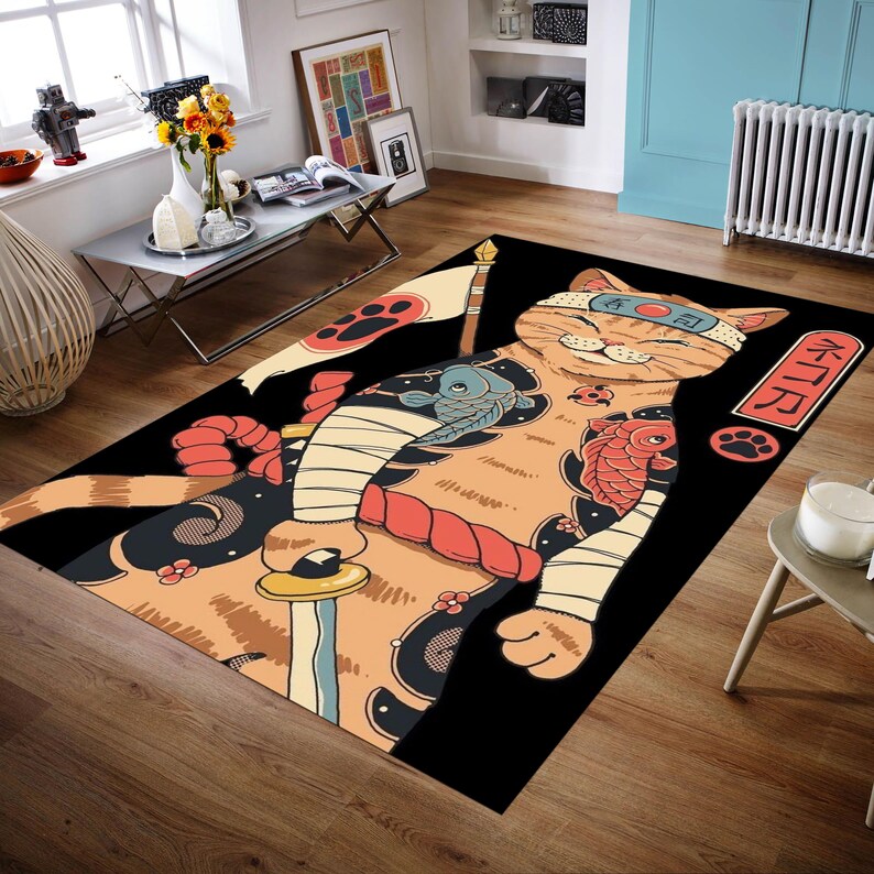Japanese Cat Rug, Anime Rugs, Fantastic Rugs, Japanese Rug, Colorful Rug, Kitchen Rug, Modern Rug, Bedroom Rugs, Area Rug, Anime Cat Rug,1 image 3