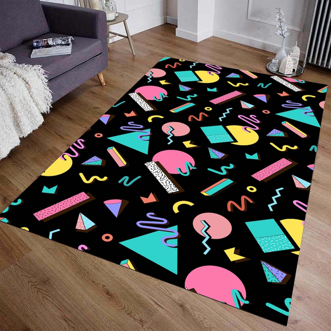 Retro Arcade Carpet, Colorful Trippy Area Rug, 80s 90s