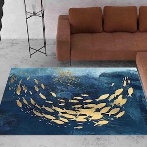 Koi Fish Rug, Abstract Gold Rug, Ocean Watercolor Rug, Luxury Painting Rug, Navy Blue Rug, Ocean Rug, Underwater Rug image 4