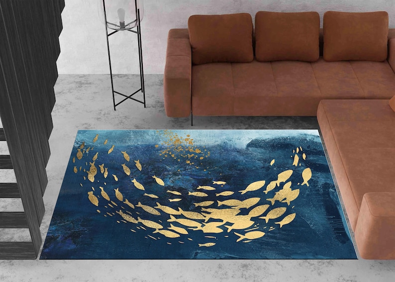 Koi Fish Rug, Abstract Gold Rug, Ocean Watercolor Rug, Luxury Painting Rug, Navy Blue Rug, Ocean Rug, Underwater Rug image 4