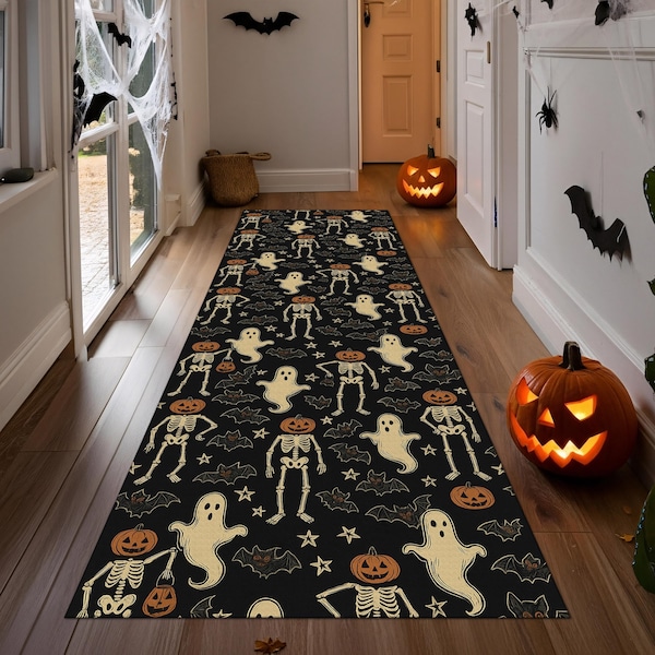 Alfombra de pasillo de Halloween con fantasmas, esqueletos, calabazas y murciélagos: alfombra espeluznante para el pasillo, decoración gótica negra para el jardín y la entrada.
