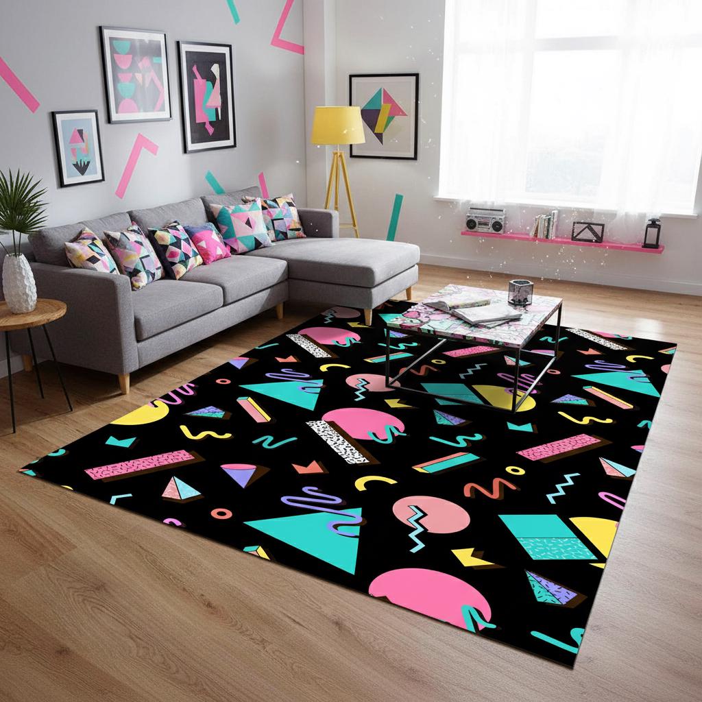 Retro Arcade Carpet, Colorful Trippy Area Rug, 80s 90s Accent