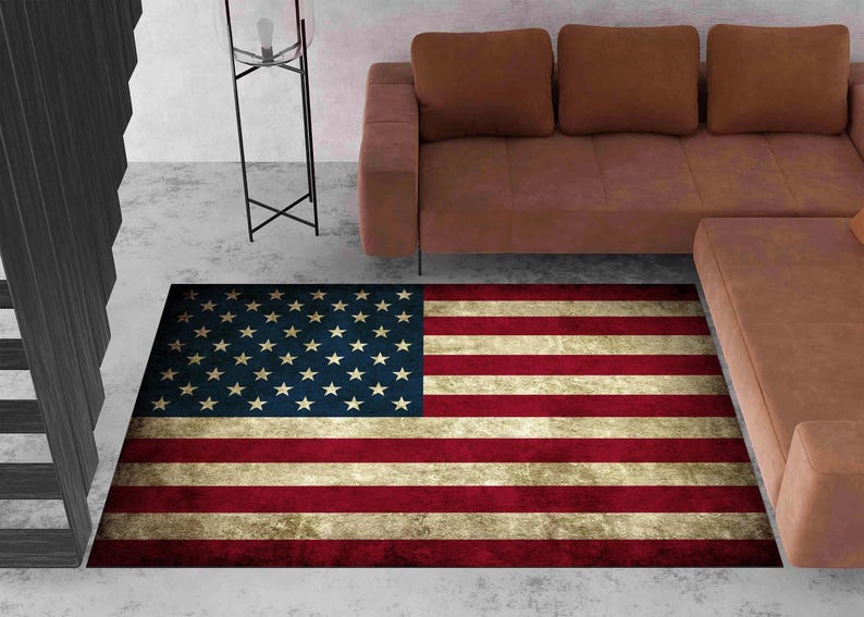 Alfombra con bandera de EE. UU., alfombra americana, moderna, para sala de estar, personalizada, antideslizante, para interior, regalo de inauguración. imagen 1
