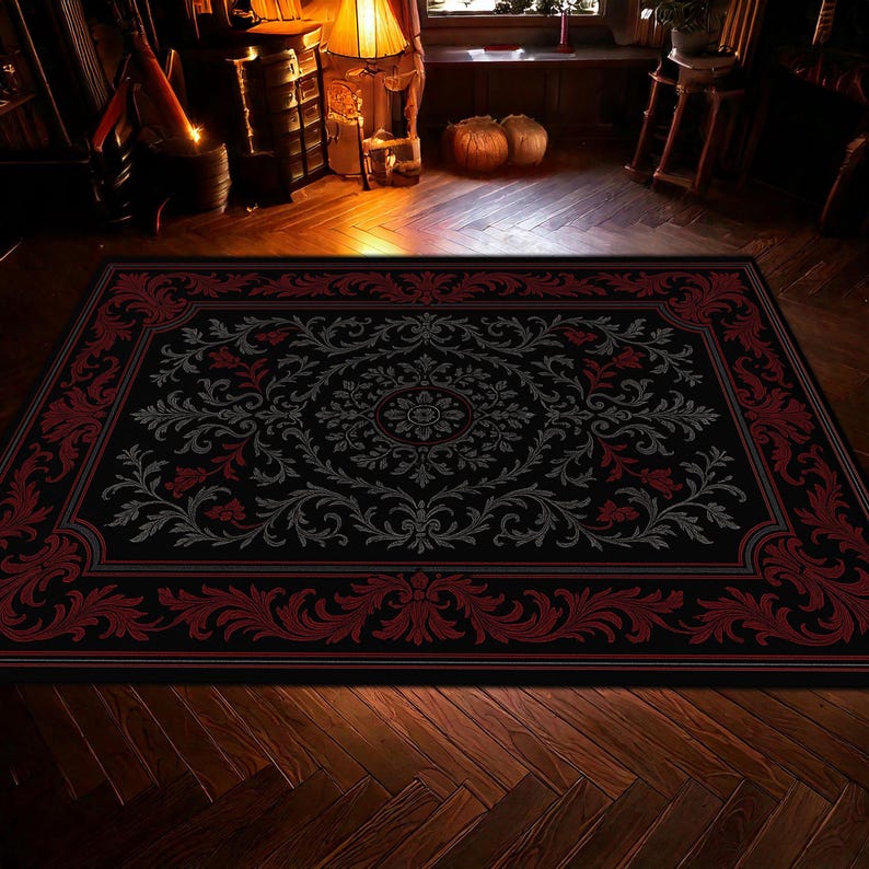 Elegant Gothic Rug with Red and Black Baroque Floral Patterns, Dark Romantic Carpet for Living Room and Bedroom image 3