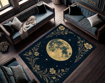 Mystical Full Moon Rug with Golden Floral Accents, Celestial Night Sky Carpet, Boho Gothic Living Room Area Decor